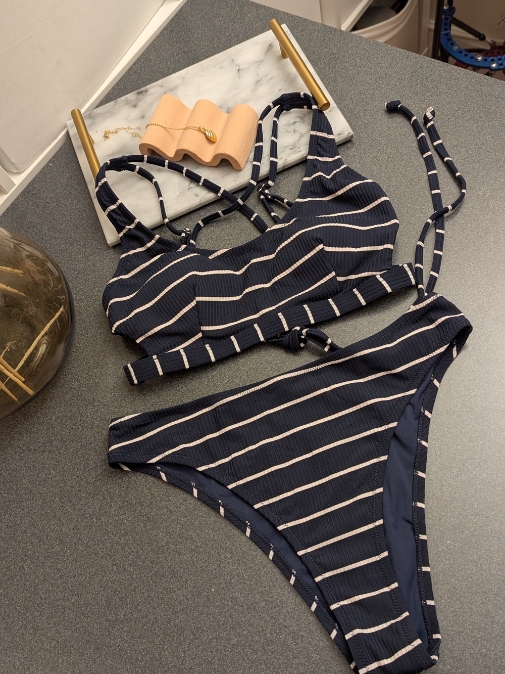 Cupshe Navy and White Striped Ribbed Two-Piece Bikini M